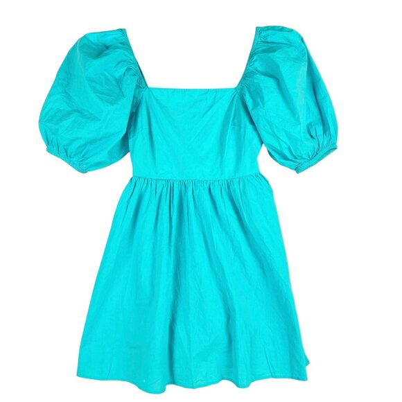 A New Day Women Smoked Open Back Turquoise Puff Sleeve Mini Dress Size Small NWT - Picture 2 of 11